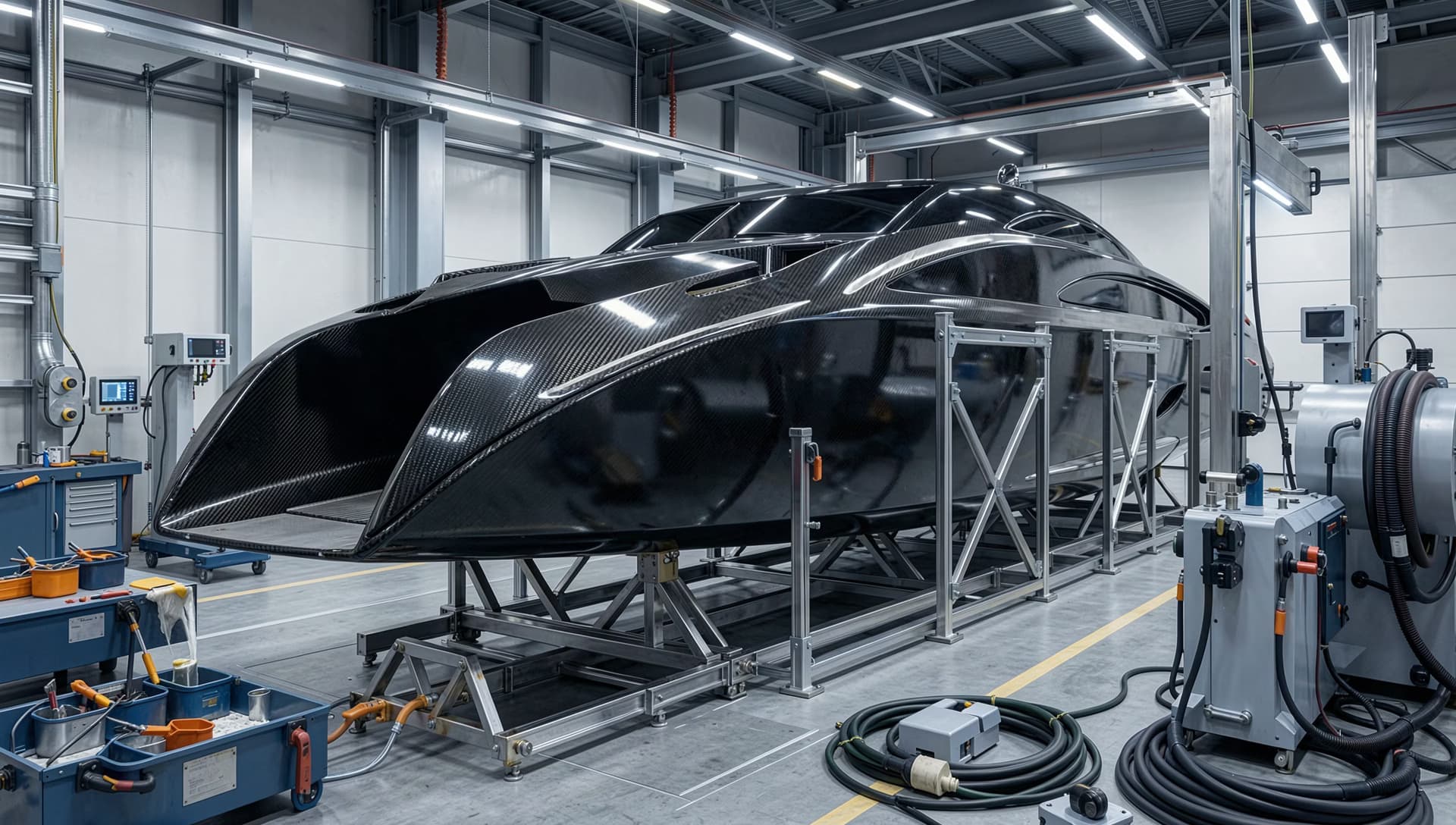 Carbon fiber composite hull under construction in the manufacturing workshop